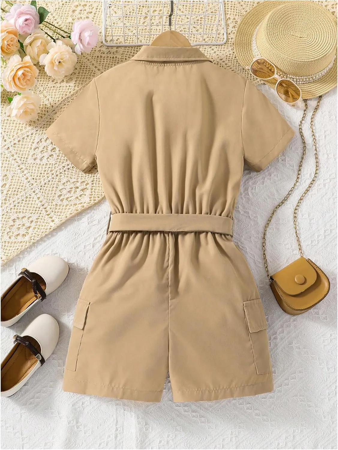 WDIRARA Girl's Button Down Flap Pocket Mini Romper Short Collared Neck Short Sleeve Belted Shirt Jumpsuit