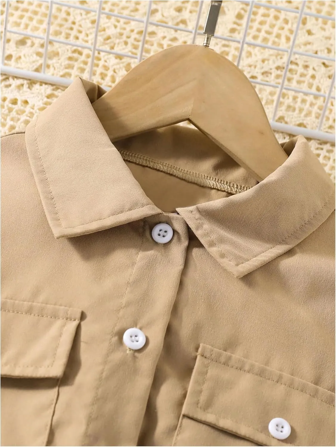 WDIRARA Girl's Button Down Flap Pocket Mini Romper Short Collared Neck Short Sleeve Belted Shirt Jumpsuit