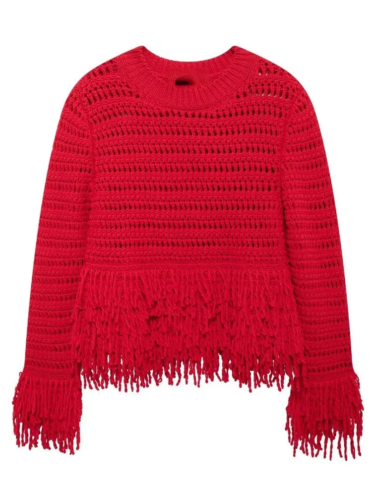Wenkouban-Christmas Thanksgiving outfits_Elegant Hollow Out Sexy Long Sleeve O-Neck Red Christmas Sweater