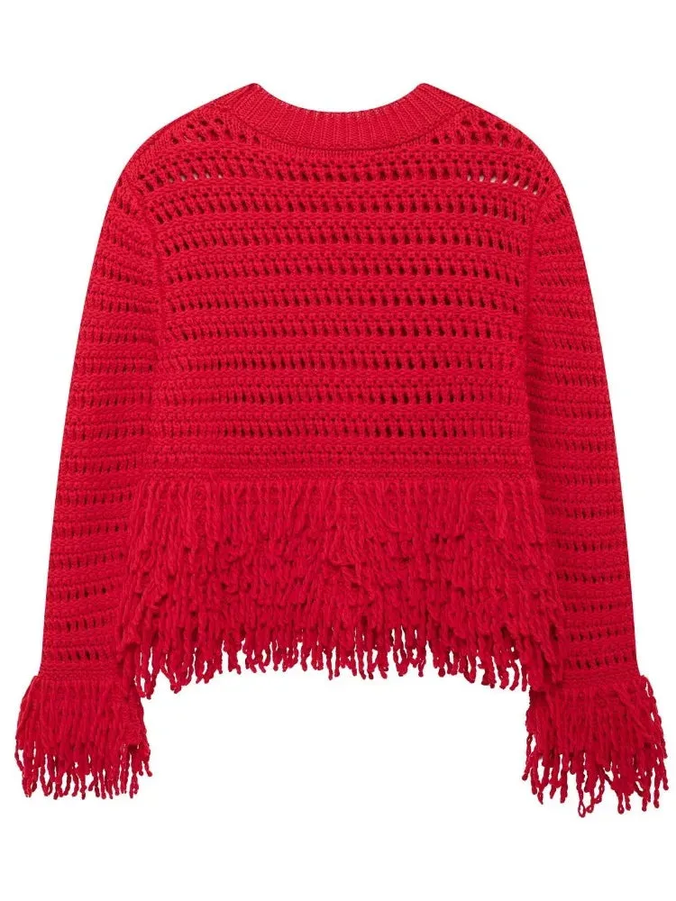 Wenkouban-Christmas Thanksgiving outfits_Elegant Hollow Out Sexy Long Sleeve O-Neck Red Christmas Sweater