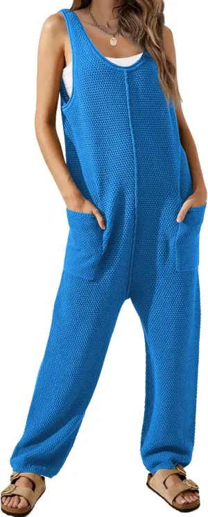 WIHOLL Womens Casual Loose Knit Jumpsuits Sleeveless V Neck Romper with Pocket and Long Pants Overalls