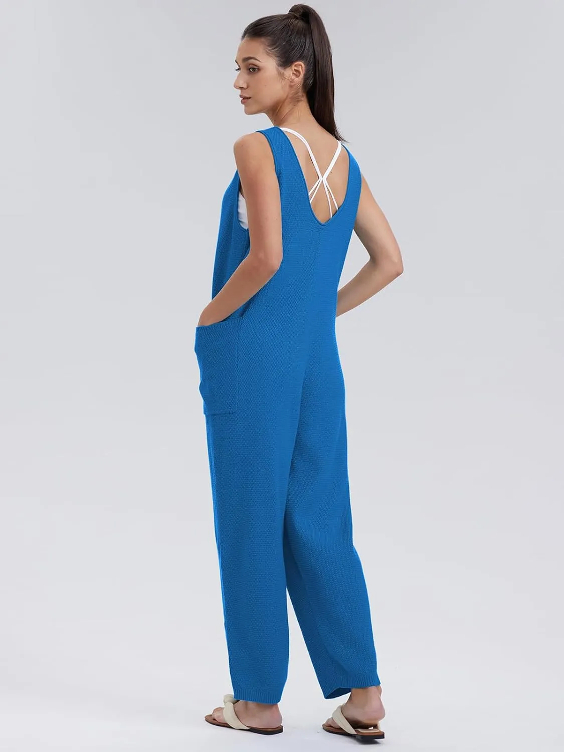 WIHOLL Womens Casual Loose Knit Jumpsuits Sleeveless V Neck Romper with Pocket and Long Pants Overalls
