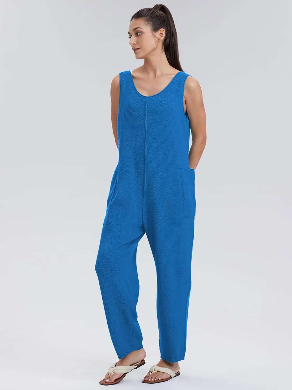 WIHOLL Womens Casual Loose Knit Jumpsuits Sleeveless V Neck Romper with Pocket and Long Pants Overalls