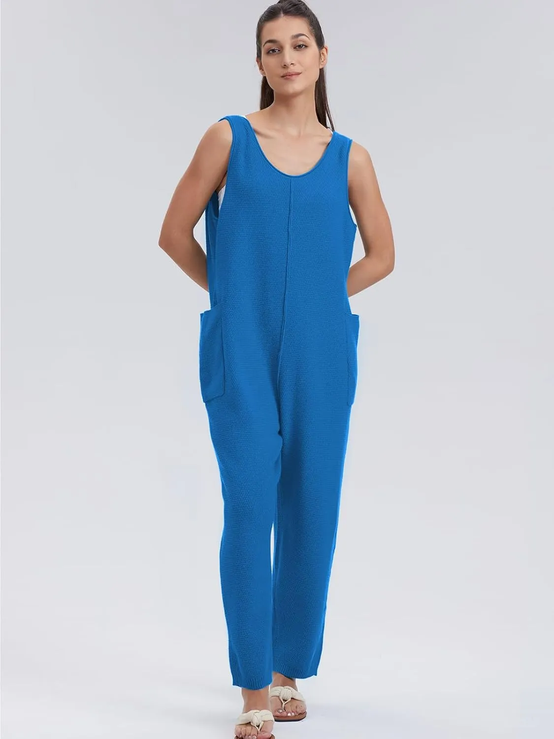 WIHOLL Womens Casual Loose Knit Jumpsuits Sleeveless V Neck Romper with Pocket and Long Pants Overalls
