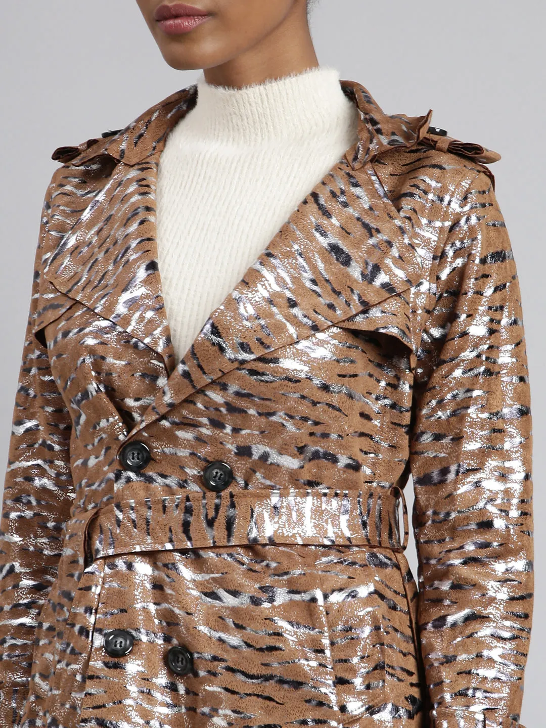 Women Brown Abstract Printed Double Breasted Notched Longline Trench Coat