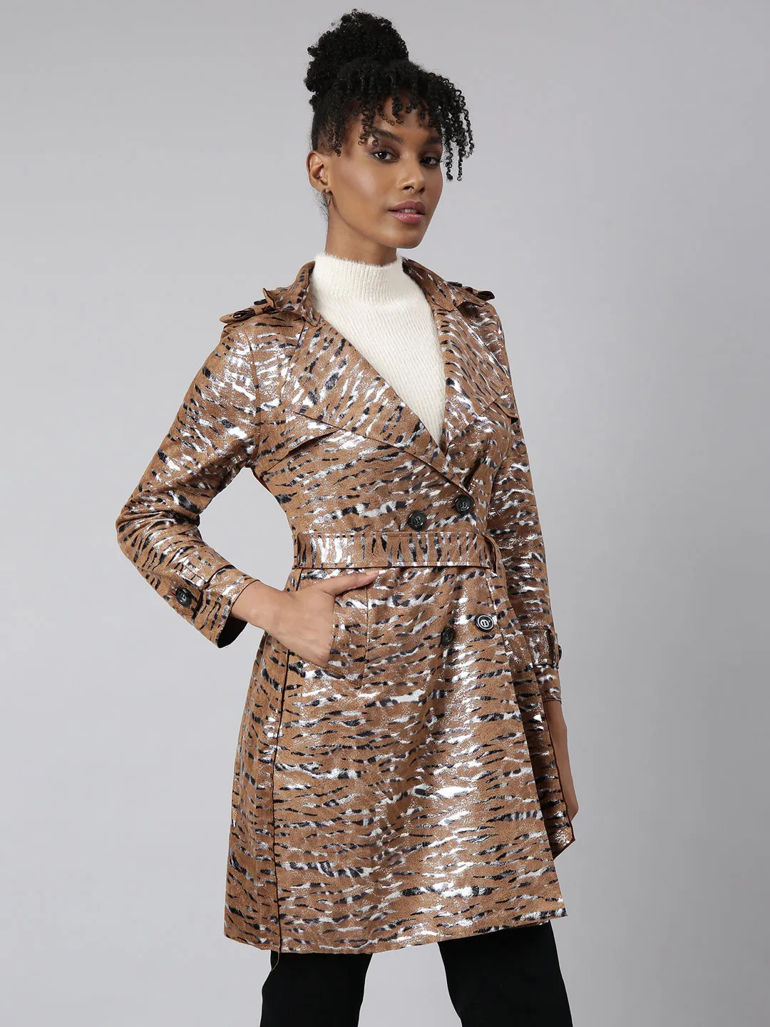 Women Brown Abstract Printed Double Breasted Notched Longline Trench Coat