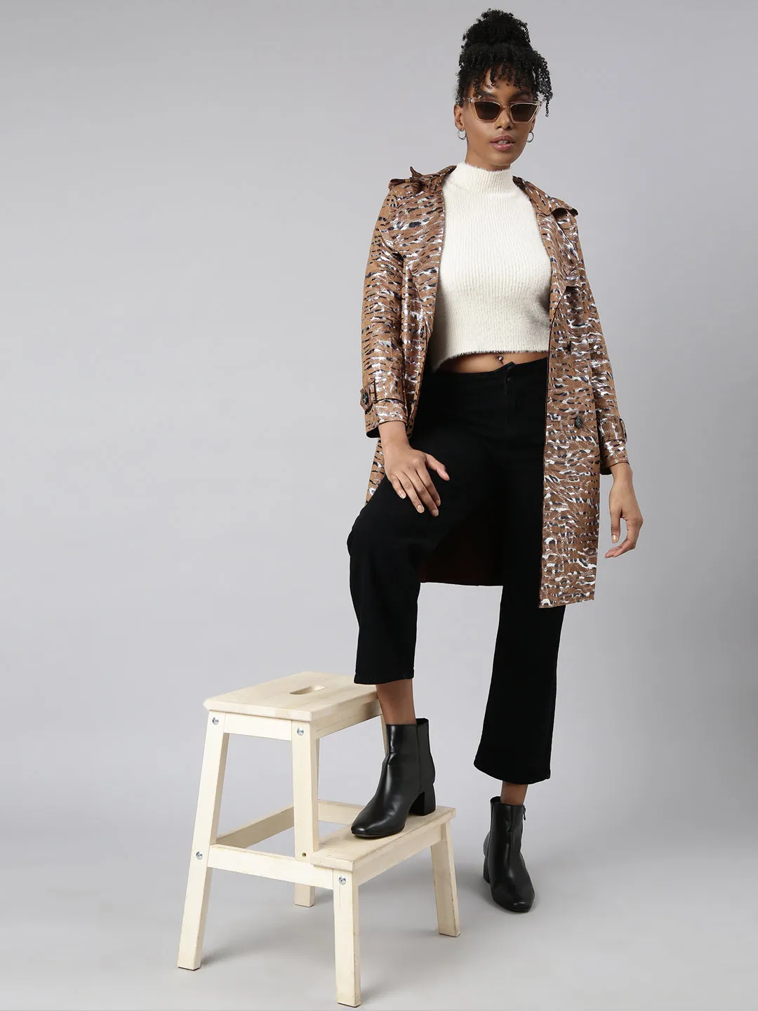 Women Brown Abstract Printed Double Breasted Notched Longline Trench Coat