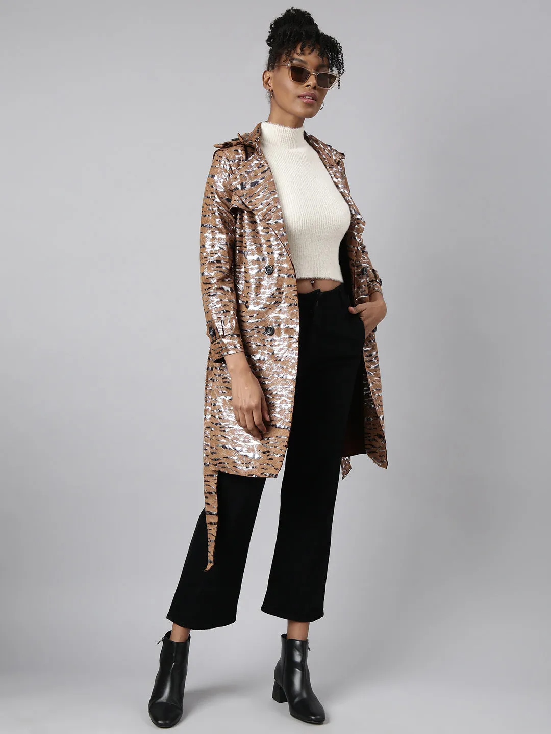 Women Brown Abstract Printed Double Breasted Notched Longline Trench Coat