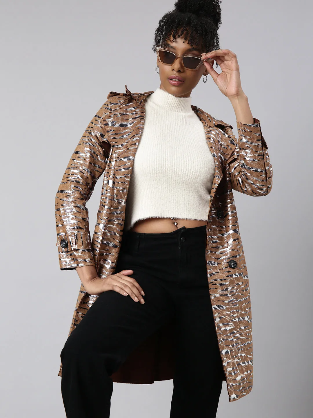 Women Brown Abstract Printed Double Breasted Notched Longline Trench Coat