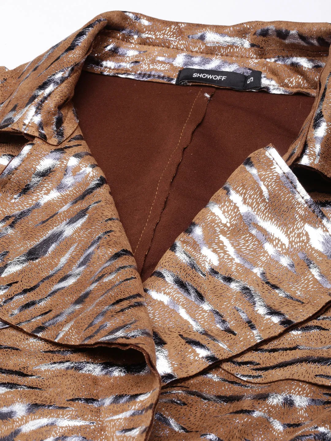 Women Brown Abstract Printed Double Breasted Notched Longline Trench Coat