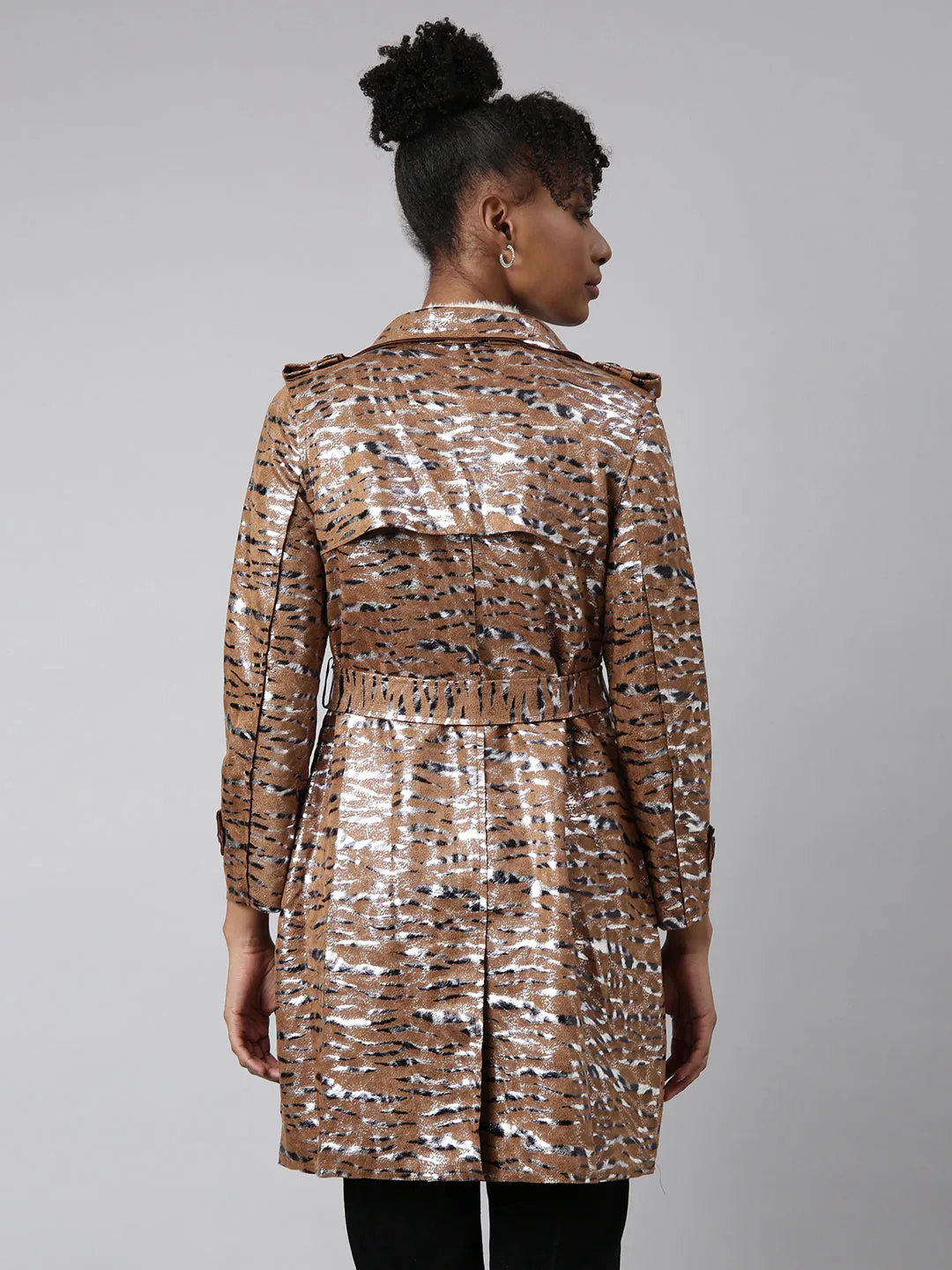 Women Brown Abstract Printed Double Breasted Notched Longline Trench Coat