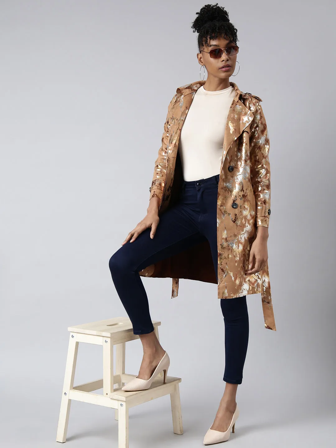 Women Camel Brown Abstract Printed Longline Trench Coat