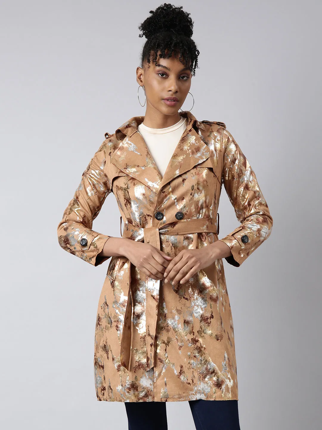 Women Camel Brown Abstract Printed Longline Trench Coat