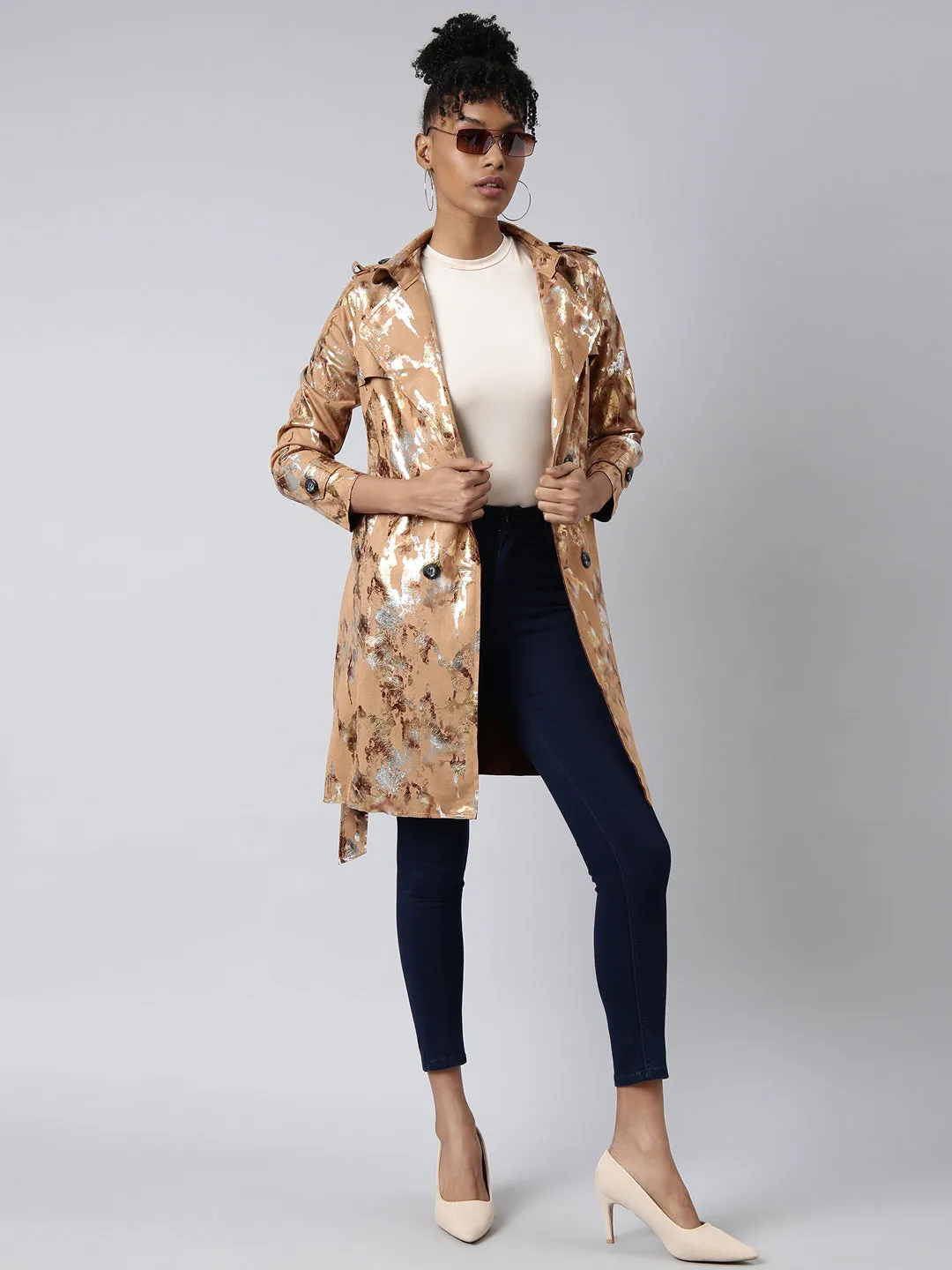 Women Camel Brown Abstract Printed Longline Trench Coat