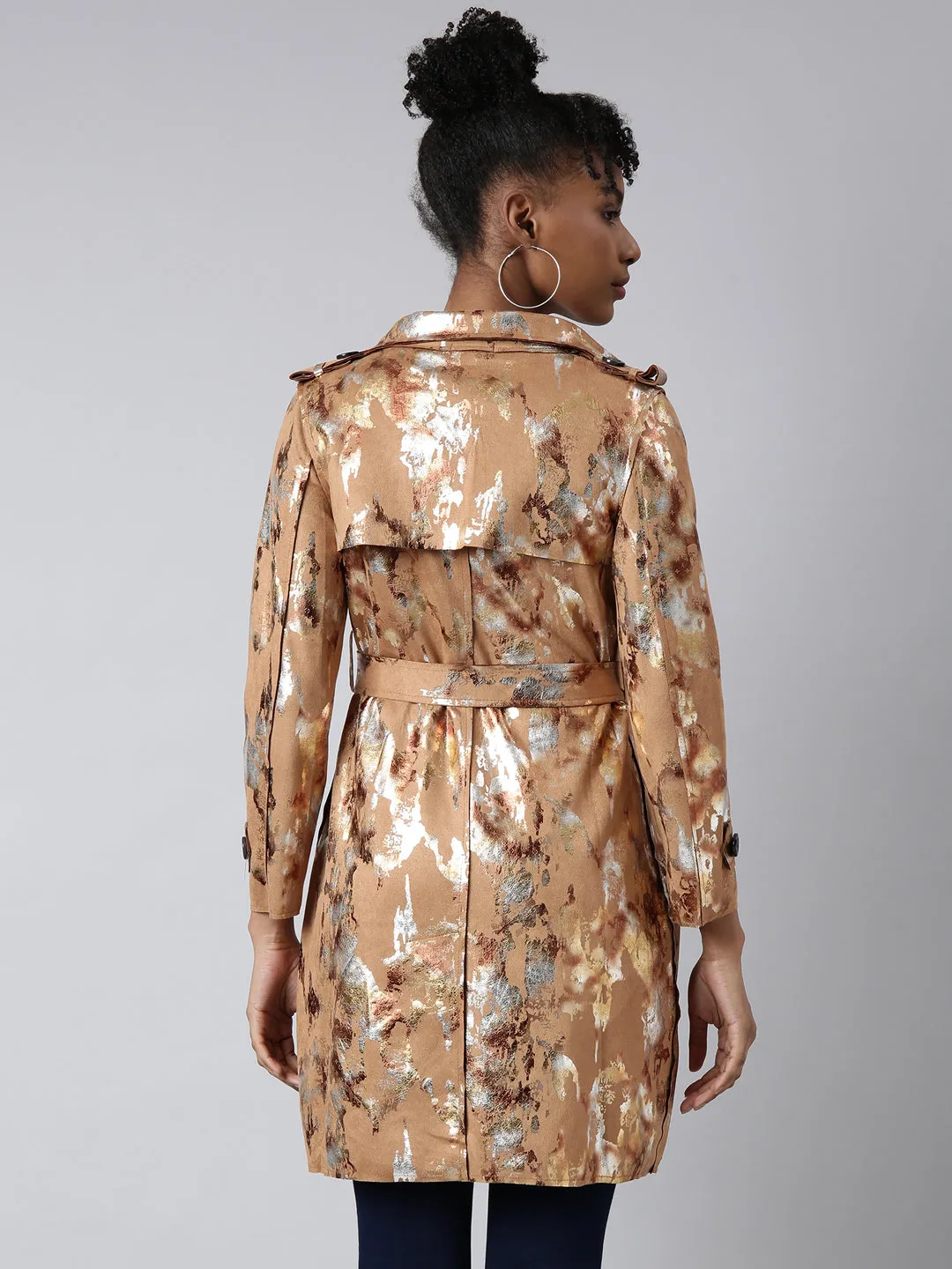 Women Camel Brown Abstract Printed Longline Trench Coat