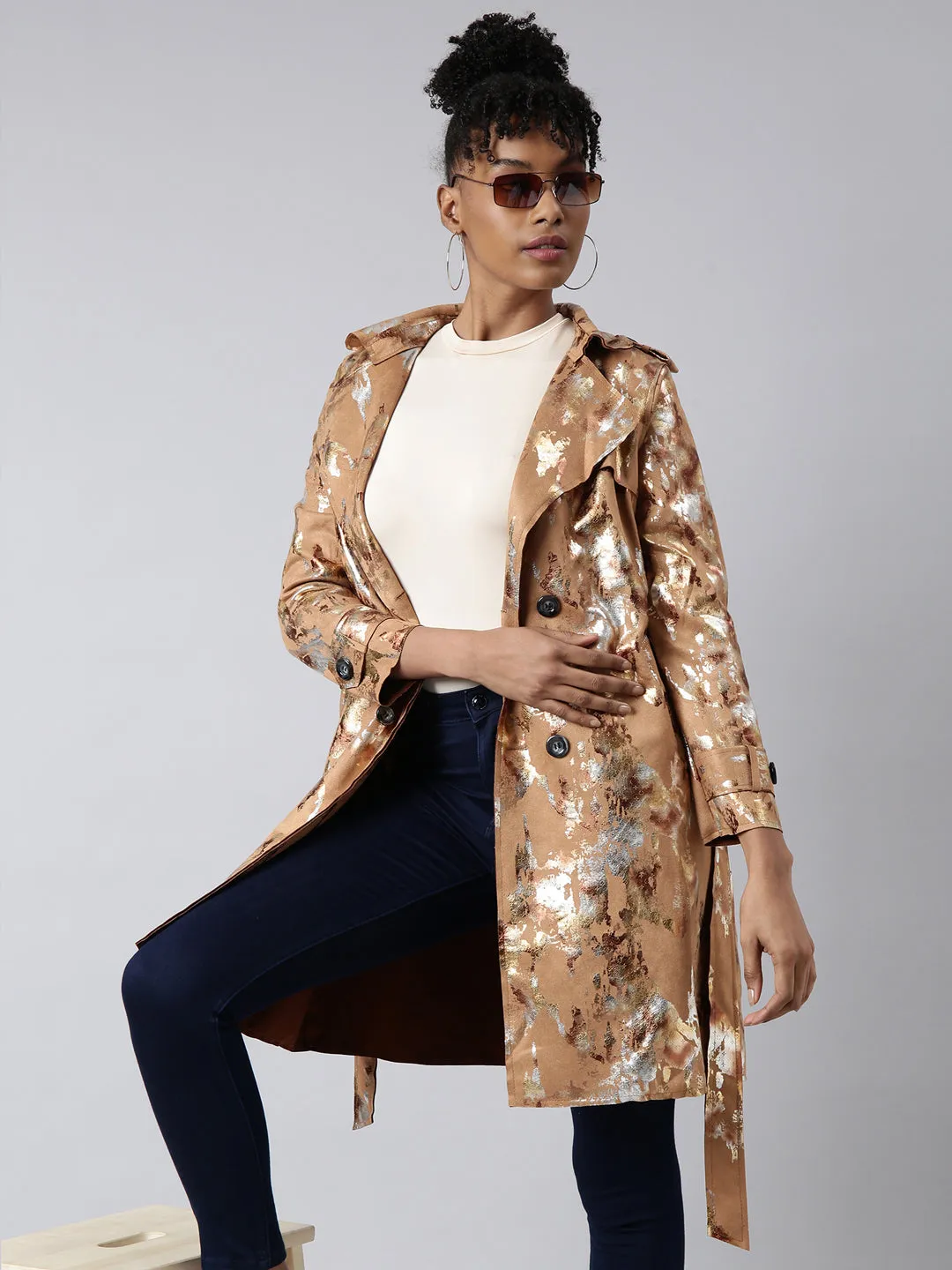 Women Camel Brown Abstract Printed Longline Trench Coat