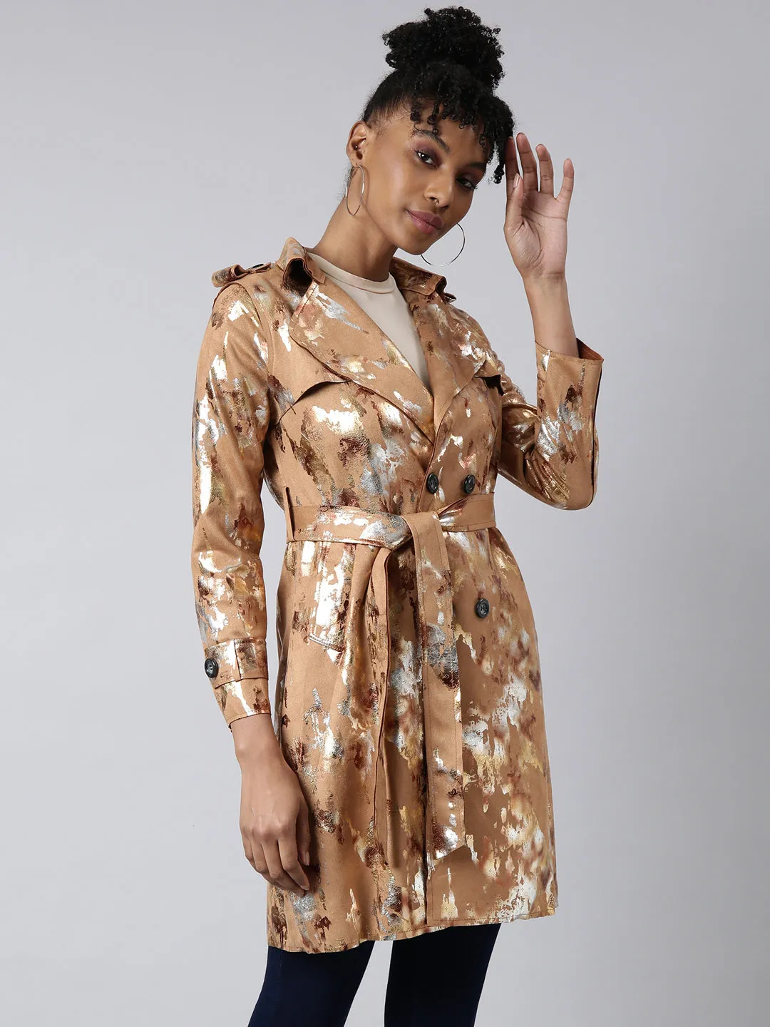 Women Camel Brown Abstract Printed Longline Trench Coat
