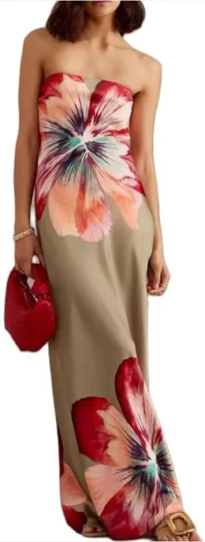 Women Floral Strapless Maxi Dresses Y2K Flower Backless Bodycon Long Tube Top Dress Summer Formal Cocktail Sundress