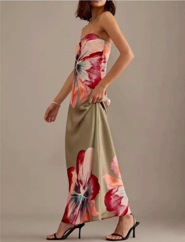Women Floral Strapless Maxi Dresses Y2K Flower Backless Bodycon Long Tube Top Dress Summer Formal Cocktail Sundress