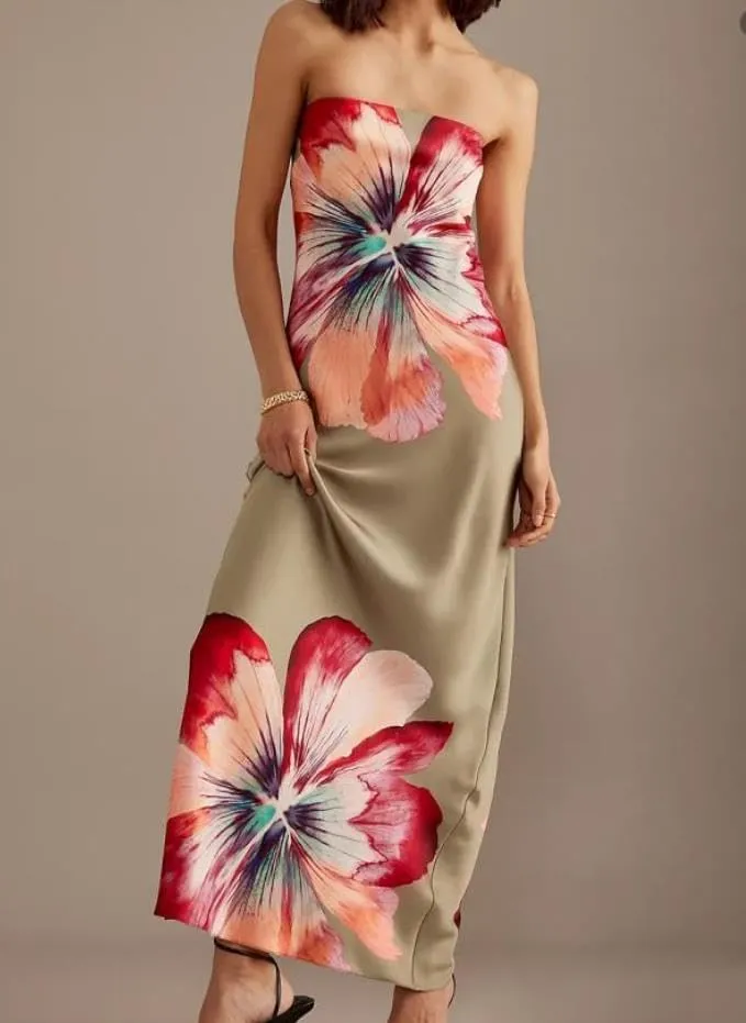Women Floral Strapless Maxi Dresses Y2K Flower Backless Bodycon Long Tube Top Dress Summer Formal Cocktail Sundress