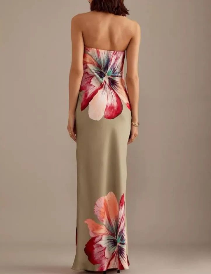 Women Floral Strapless Maxi Dresses Y2K Flower Backless Bodycon Long Tube Top Dress Summer Formal Cocktail Sundress