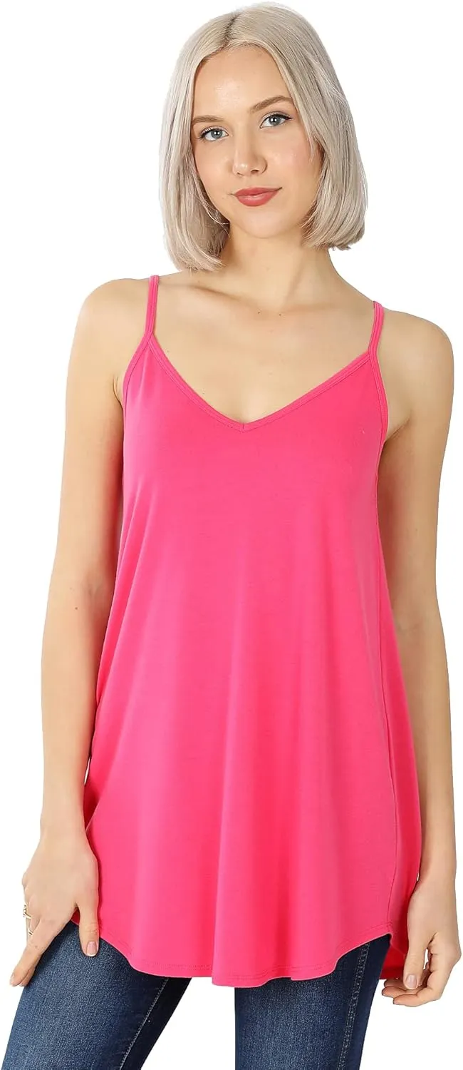 Women Front and Back Reversible Spaghetti Strap Round v Neck Loose Flare Swing fit Camisole Tank top