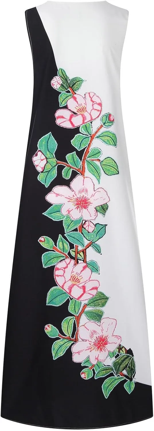 Women Summer Dresses 2025 Trendy Floral Print Maxi Dress Casual Flowy Sleeveless V Neck Long Sundress with Pockets
