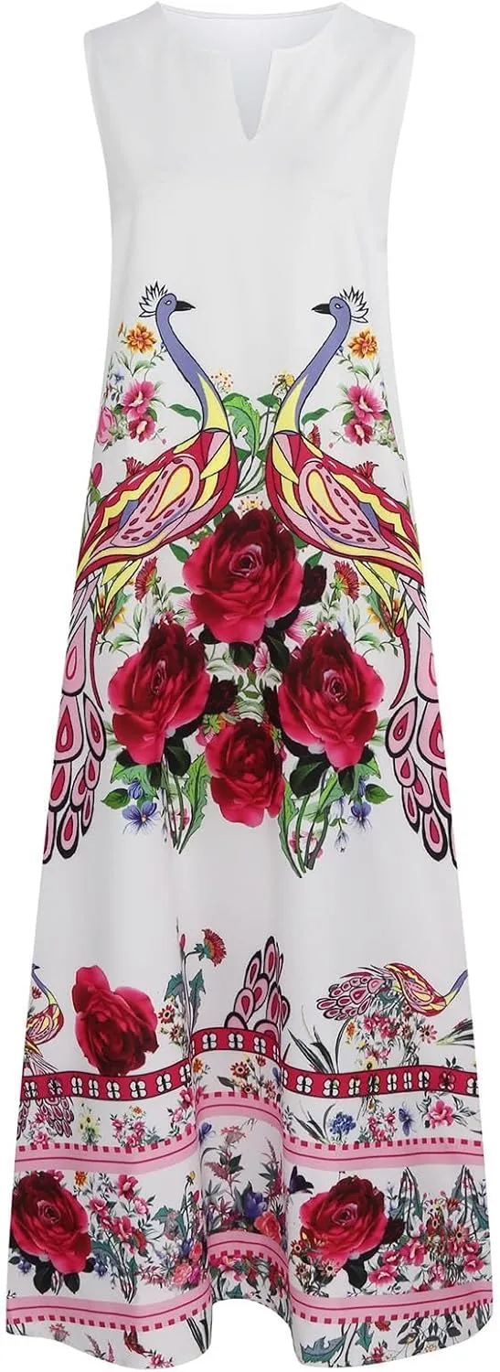 Women Summer Dresses 2025 Trendy Floral Print Maxi Dress Casual Flowy Sleeveless V Neck Long Sundress with Pockets