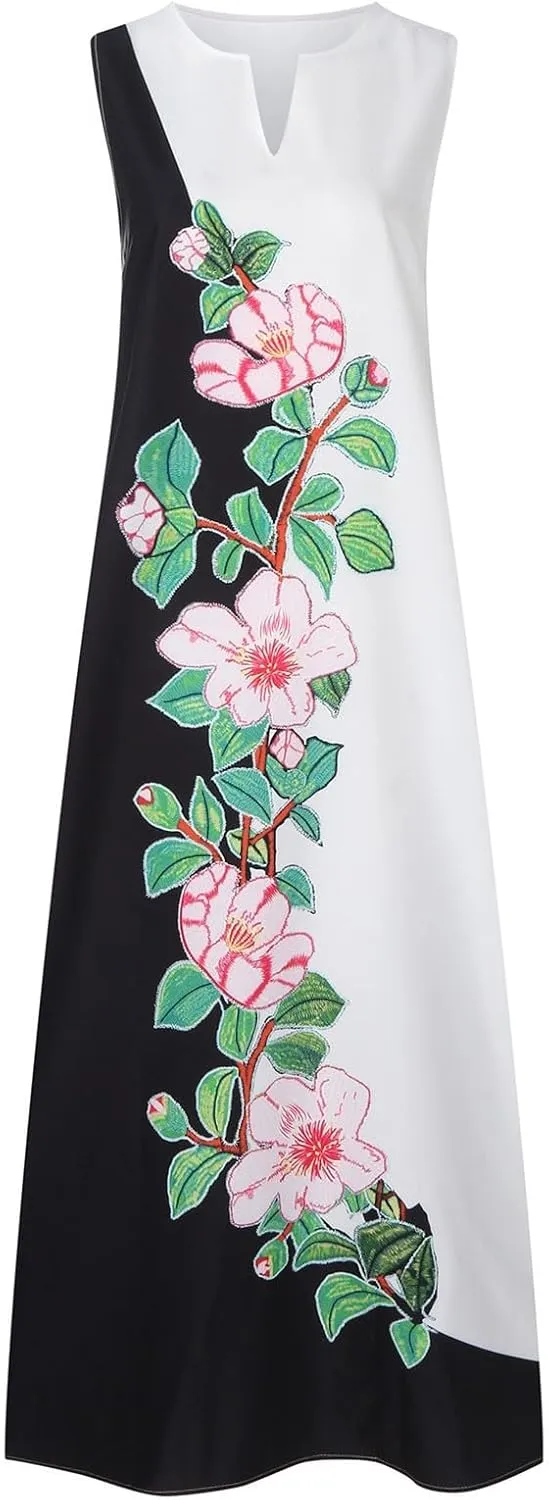 Women Summer Dresses 2025 Trendy Floral Print Maxi Dress Casual Flowy Sleeveless V Neck Long Sundress with Pockets
