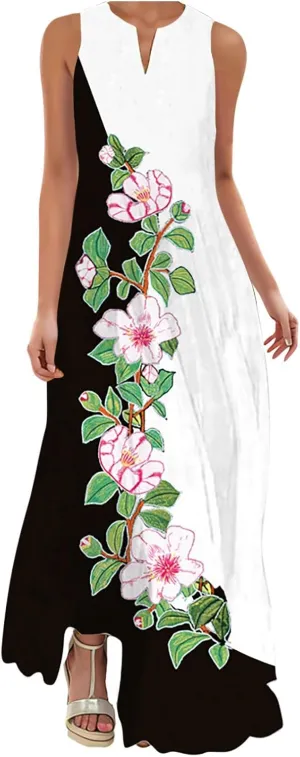 Women Summer Dresses 2025 Trendy Floral Print Maxi Dress Casual Flowy Sleeveless V Neck Long Sundress with Pockets