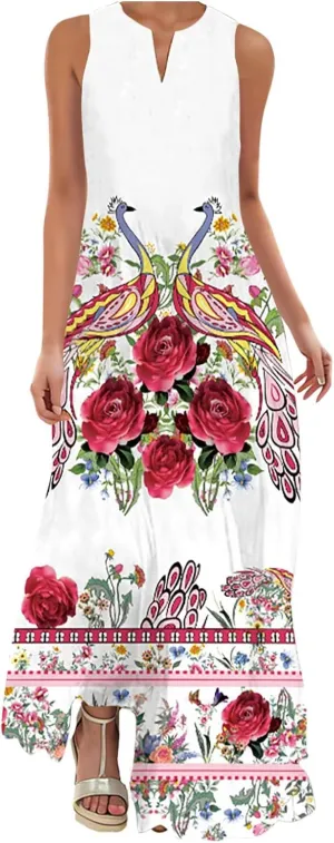 Women Summer Dresses 2025 Trendy Floral Print Maxi Dress Casual Flowy Sleeveless V Neck Long Sundress with Pockets