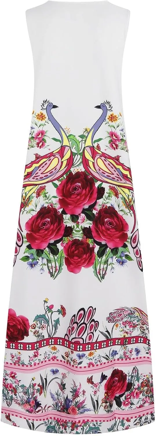 Women Summer Dresses 2025 Trendy Floral Print Maxi Dress Casual Flowy Sleeveless V Neck Long Sundress with Pockets
