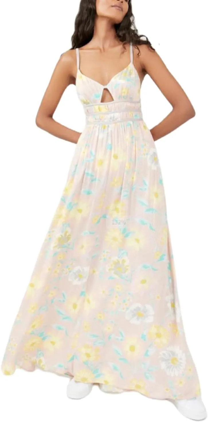 Women Y2k Boho Maxi Dress Tie Front V Neck Cami Flowy Dress Summer Causal Floral Beach Vacation Sundress
