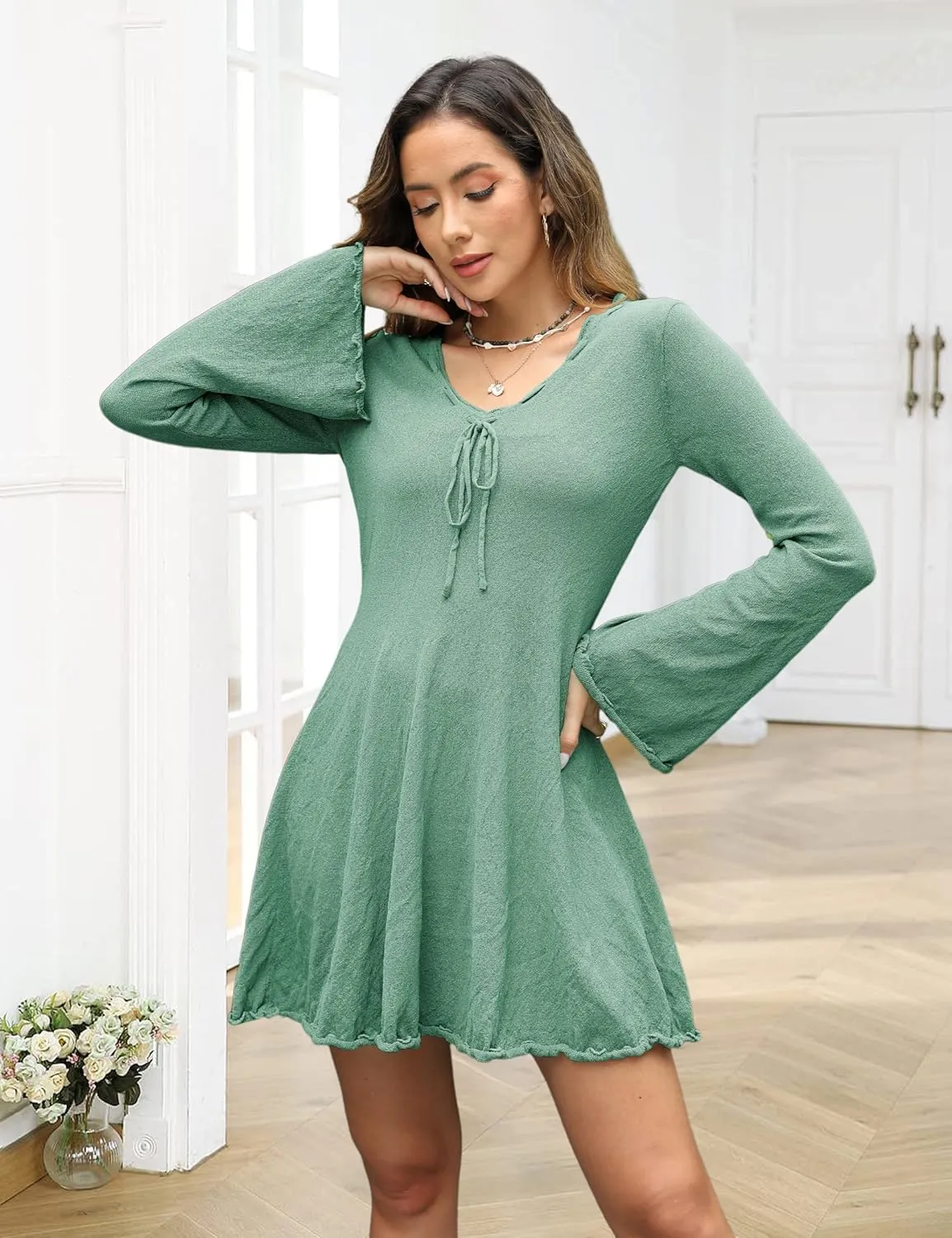 Women's A Line Mini Skirt Drawstring Spoon Neck Long Bell Sleeves Ruffle Hem Knitted Sexy See Through Dress