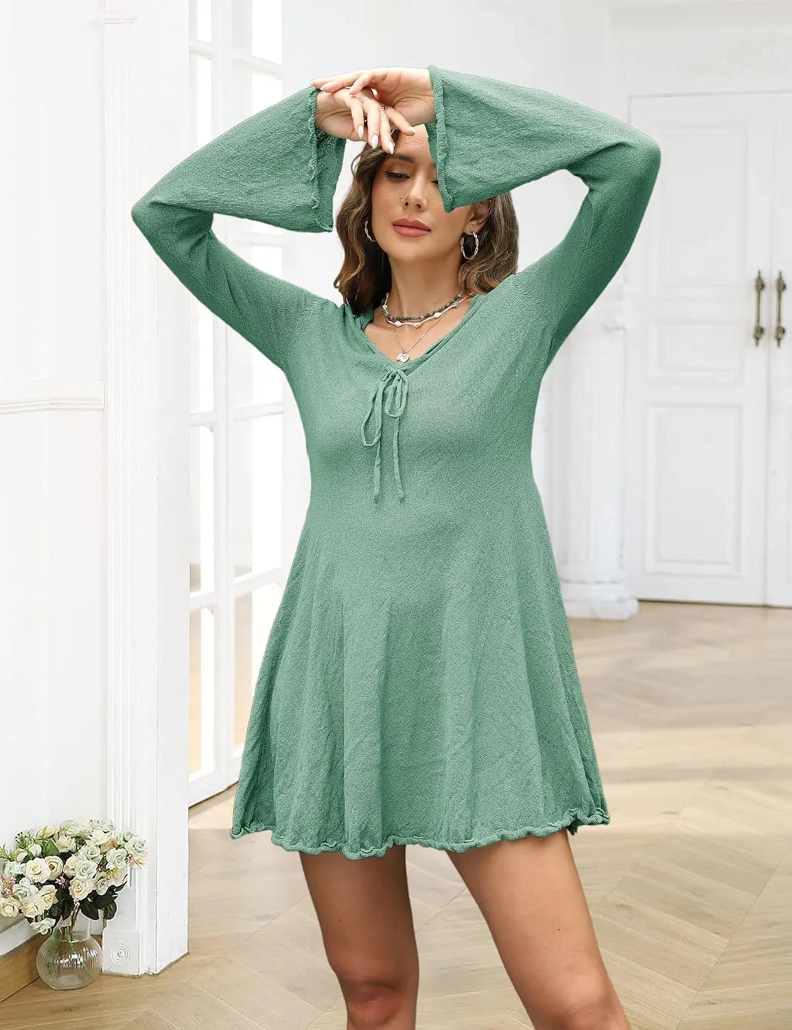 Women's A Line Mini Skirt Drawstring Spoon Neck Long Bell Sleeves Ruffle Hem Knitted Sexy See Through Dress