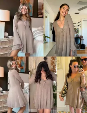 Women's A Line Mini Skirt Drawstring Spoon Neck Long Bell Sleeves Ruffle Hem Knitted Sexy See Through Dress