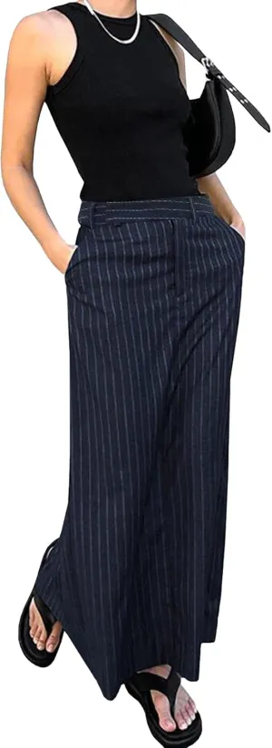 Women's Blue Long Pencil Skirts High Waisted Striped Skirt Commuting Seam Pocket Split Zipper Skirt