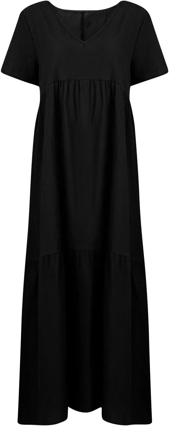 Women's Cruise Outfits 2025 Casual Trendy Loose Short Sleeve V-Neck Solid Color Flowy Maxi Dress Plus Size, S-5XL
