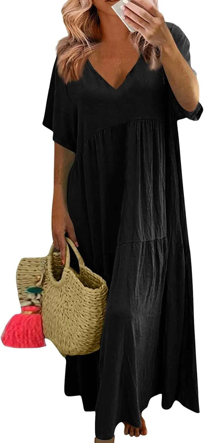 Women's Cruise Outfits 2025 Casual Trendy Loose Short Sleeve V-Neck Solid Color Flowy Maxi Dress Plus Size, S-5XL