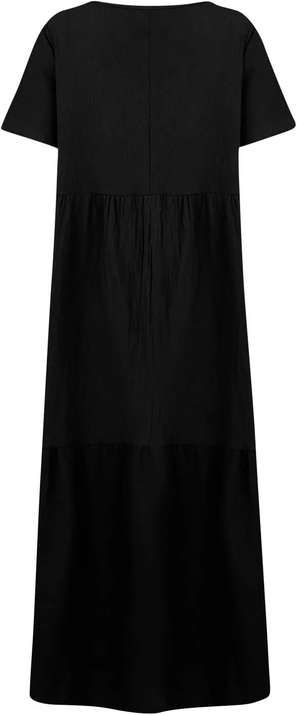 Women's Cruise Outfits 2025 Casual Trendy Loose Short Sleeve V-Neck Solid Color Flowy Maxi Dress Plus Size, S-5XL