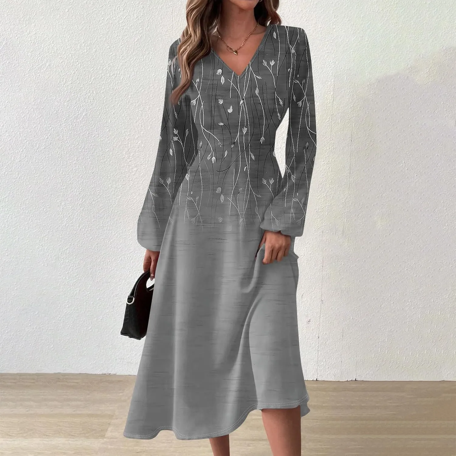 Womens Fall Winter Long Sleeve Trendy Ruched Flowy Floral Formal Midi Dresses Casual Sexy V Neck Elegant Dress