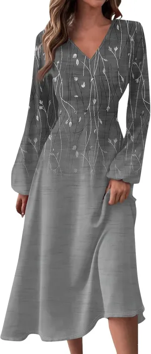 Womens Fall Winter Long Sleeve Trendy Ruched Flowy Floral Formal Midi Dresses Casual Sexy V Neck Elegant Dress