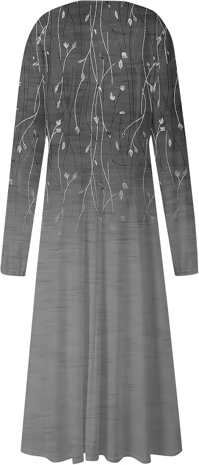 Womens Fall Winter Long Sleeve Trendy Ruched Flowy Floral Formal Midi Dresses Casual Sexy V Neck Elegant Dress