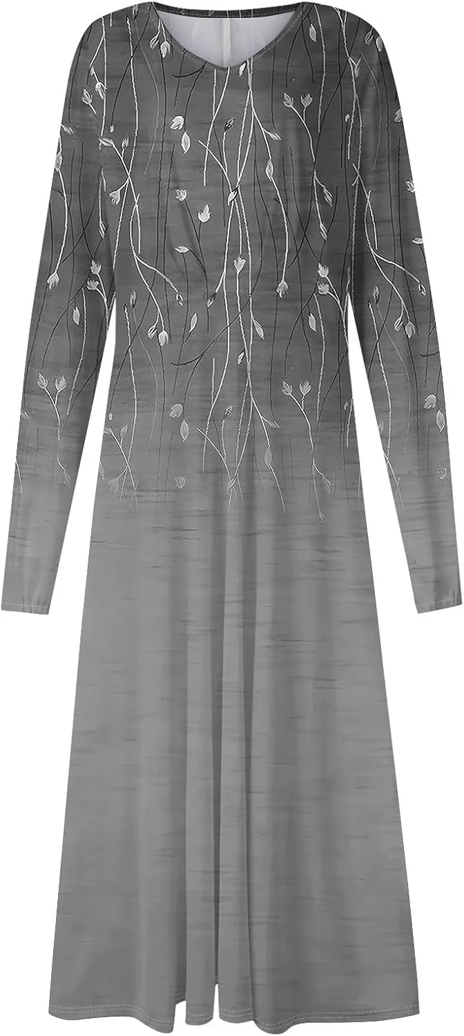 Womens Fall Winter Long Sleeve Trendy Ruched Flowy Floral Formal Midi Dresses Casual Sexy V Neck Elegant Dress