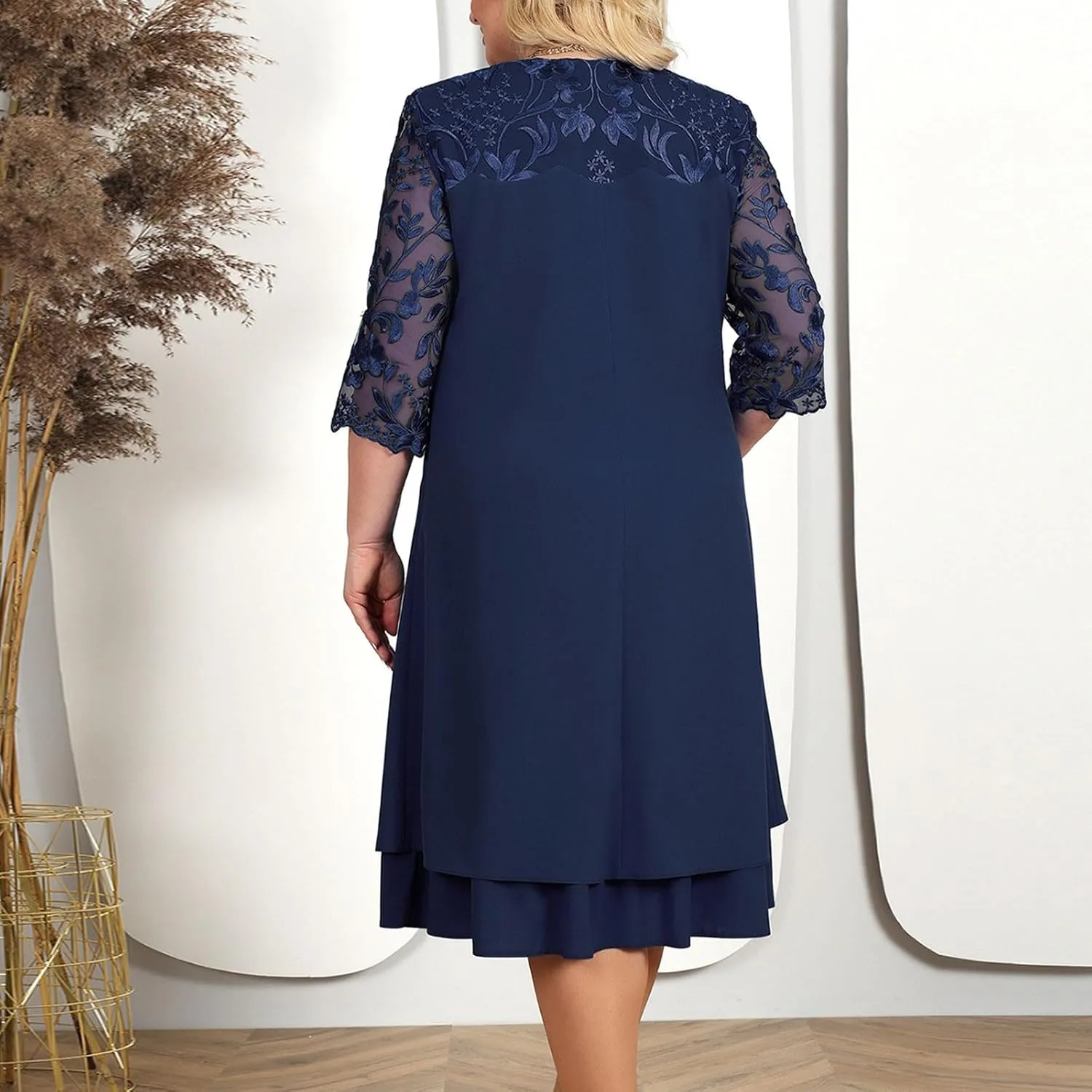 Women's Formal Dresses Wedding Guest Elegant Trendy Round Neck Short Sleeve Lace Prom Party Cocktail Dress, L-4XL