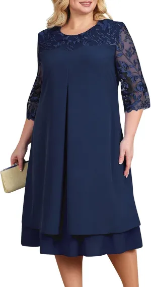 Women's Formal Dresses Wedding Guest Elegant Trendy Round Neck Short Sleeve Lace Prom Party Cocktail Dress, L-4XL