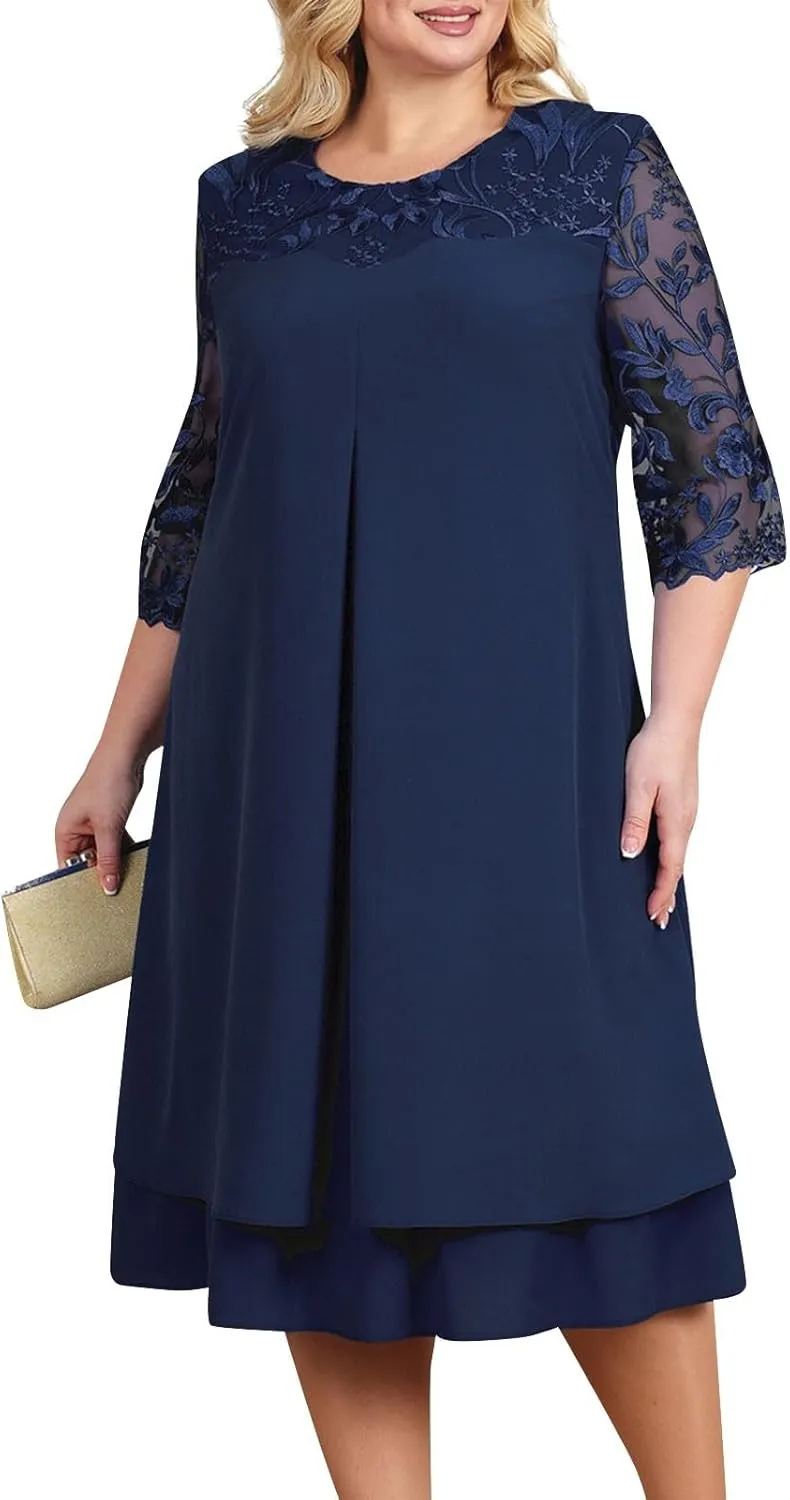 Women's Formal Dresses Wedding Guest Elegant Trendy Round Neck Short Sleeve Lace Prom Party Cocktail Dress, L-4XL
