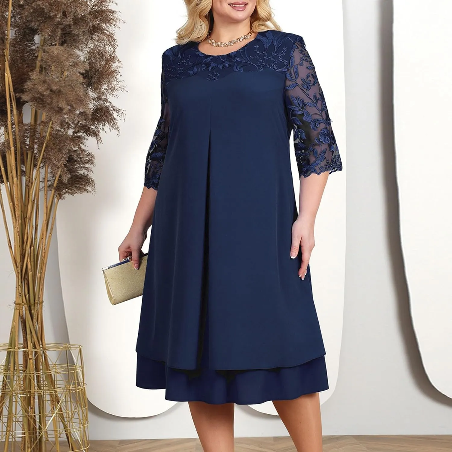 Women's Formal Dresses Wedding Guest Elegant Trendy Round Neck Short Sleeve Lace Prom Party Cocktail Dress, L-4XL
