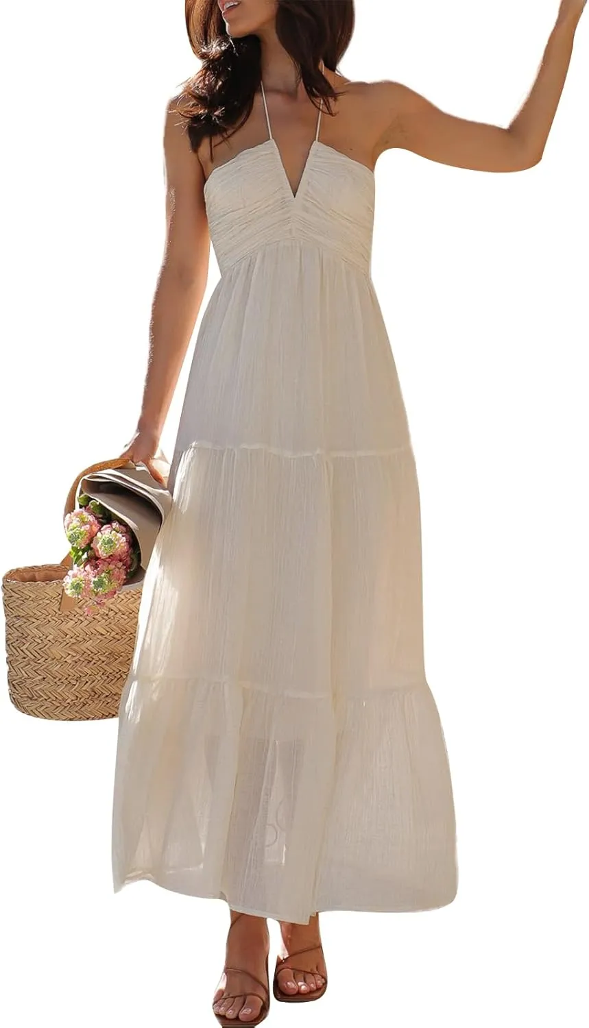 Women's Halter Neck Floral Maxi Dress 2024 Summer Boho Long Sundress Sexy Sleeveless Backless Flowy Ruffle Dress