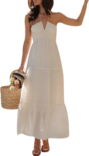 Women's Halter Neck Floral Maxi Dress 2024 Summer Boho Long Sundress Sexy Sleeveless Backless Flowy Ruffle Dress